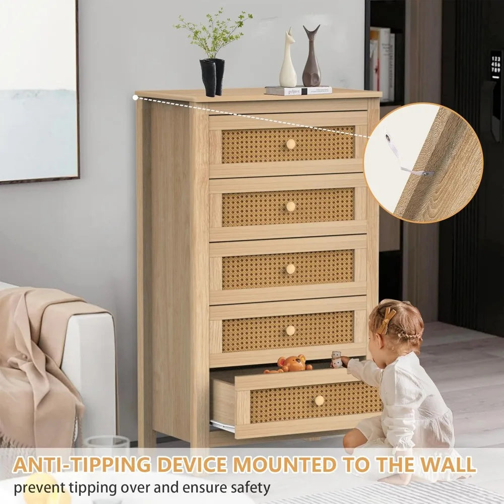 Bedroom 5 Drawer Dresser and Nightstand Sets 3 Piece, Rattan 2 Drawer Nightstand of 2 & Boho 5 Drawer Storage Dresser, 3 Pcs Be