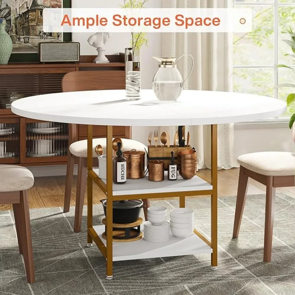 47 Inches Dining Table Kitchen Tables for Dining Room, 4 People Round Dinner Table with Storage Shelves for Room, (Only Table)