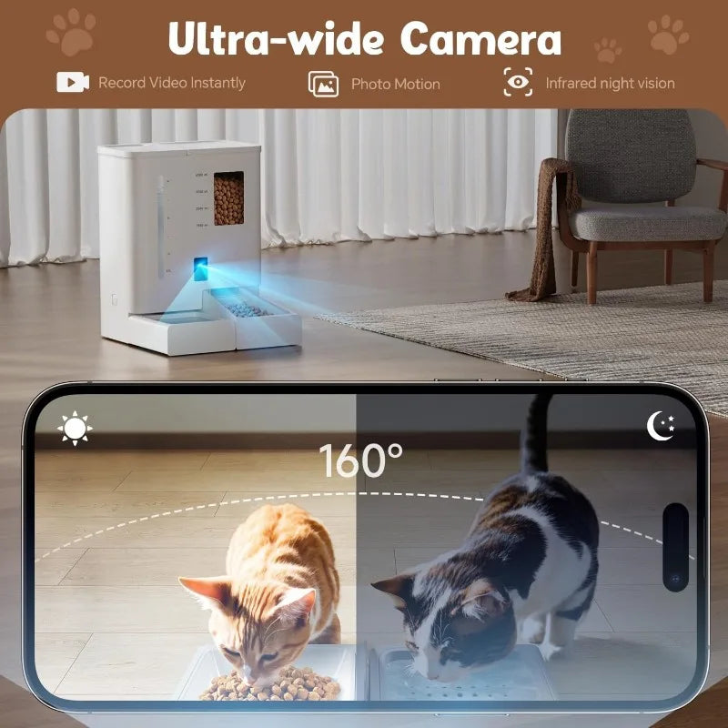 Cat Feeder with Camera,5G/2.4G WiFi Pet Feeder,2K HD Video and Night Vision,Easy APP Operation,Low Food and Food Clogg