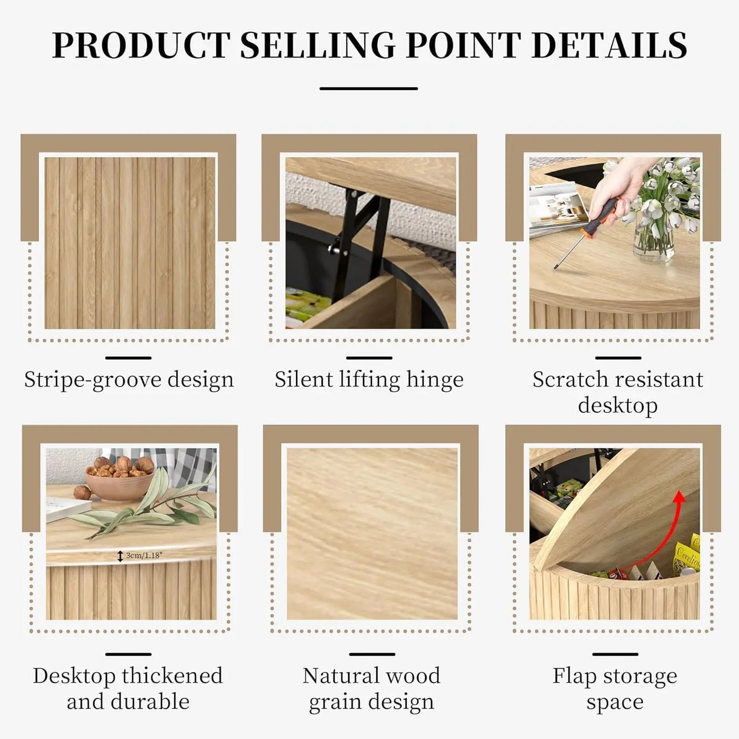 Round Fluted Lift Top Coffee Table with Storage, 34.6'' Farmhouse Round Coffee Tables (Wood Color)