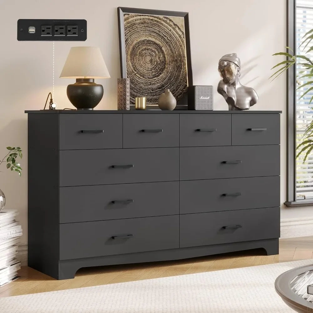 Black Dresser for Bedroom with 10 Drawers, Large Chest of Drawers Storage Organizer, Long Dresser TV Stand with Power Outlets