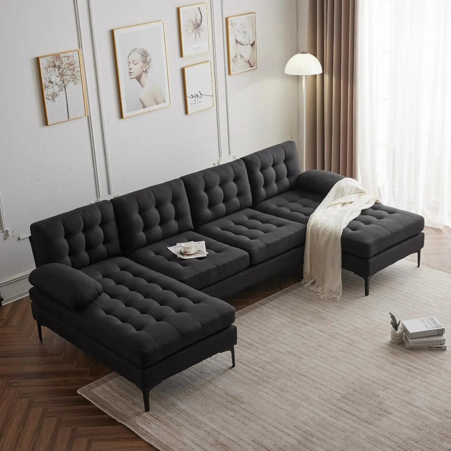 Sectional Sofa 110"U-Shape Sofa Couch Linen Fabric Upholstered Sectional Sofa with Double Chaises & Metal Legs,Lattice Decorated