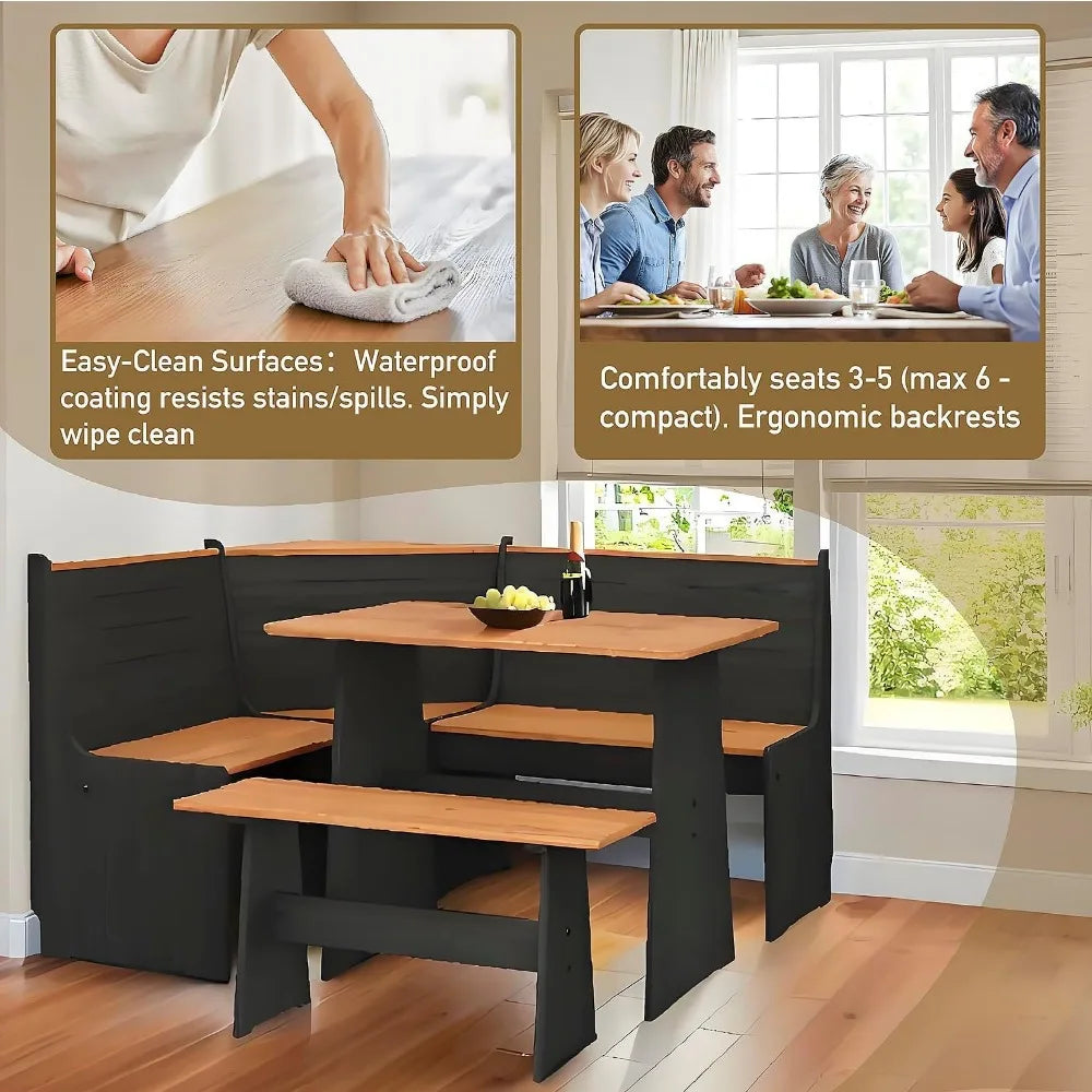Breakfast Nook Corner Dining Table Kitchen Bench Chair Set, Space-Saving 3-5 People Seat Reversible L-Shape for Family Home Blac