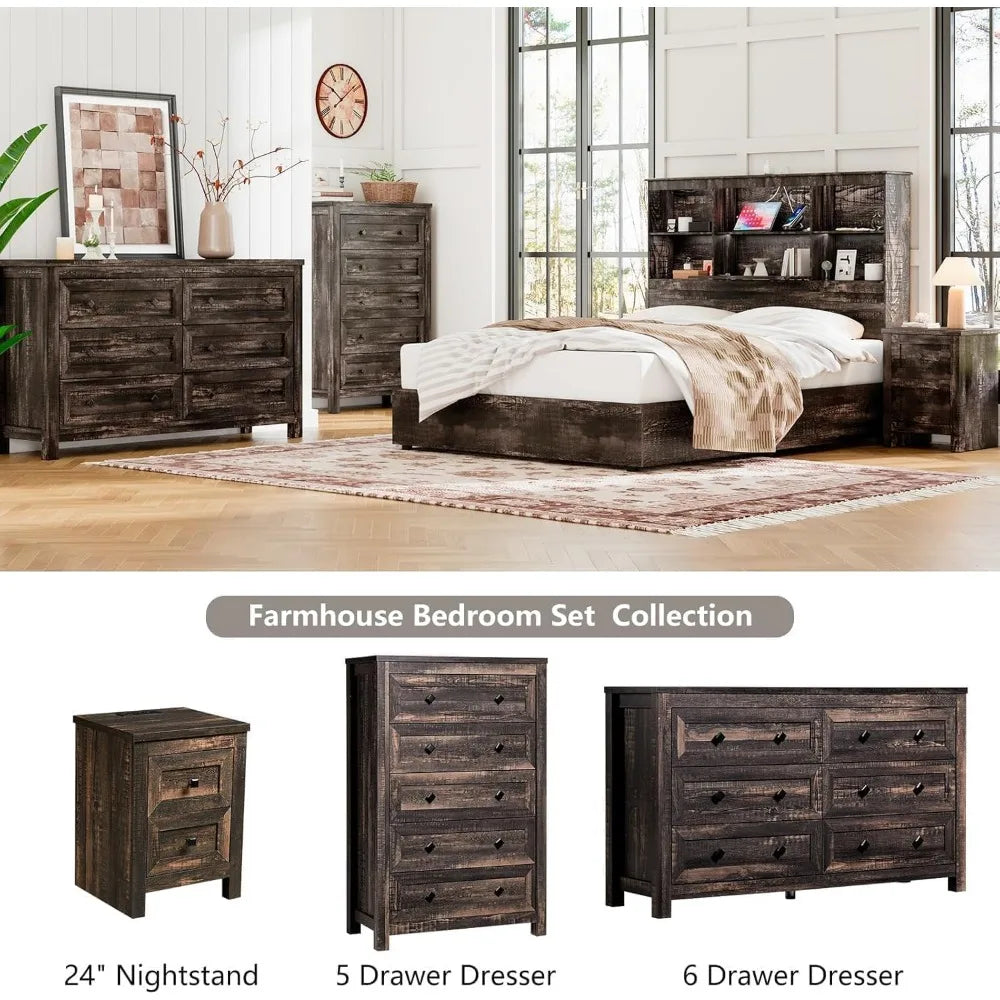 Farmhouse Bedroom Furniture 4 Pieces, 1 X Wood Rustic 6 Drawer Storage Dresser, 1 X 5 Drawer Dresser, Nightstand Set of 2 with C