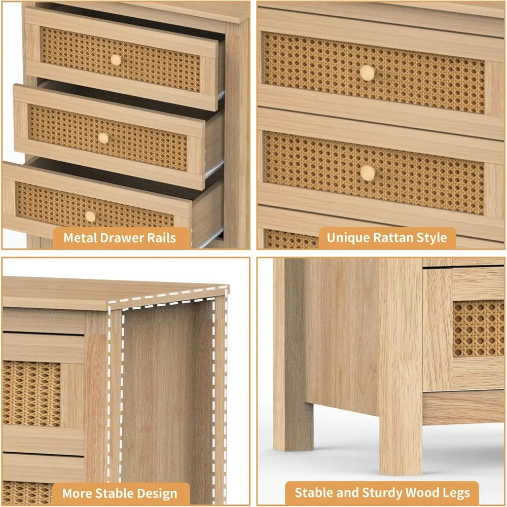 Bedroom 5 Drawer Dresser and Nightstand Sets 3 Piece, Rattan 2 Drawer Nightstand of 2 & Boho 5 Drawer Storage Dresser, 3 Pcs Be