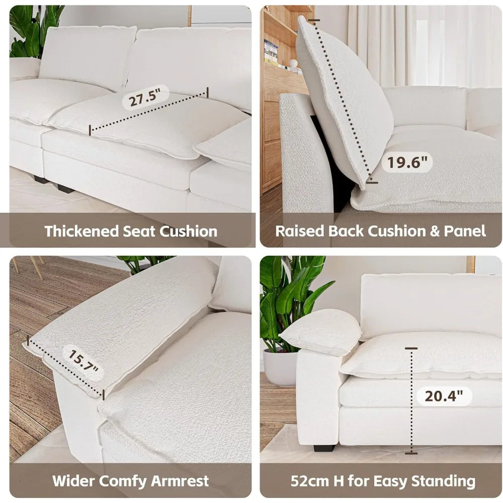 3 Seat Sectional Sofa, Couch with Movable Ottoman, Chenille Modular Sofa with Removable Pillows and Layer Cushions, Suitable fo