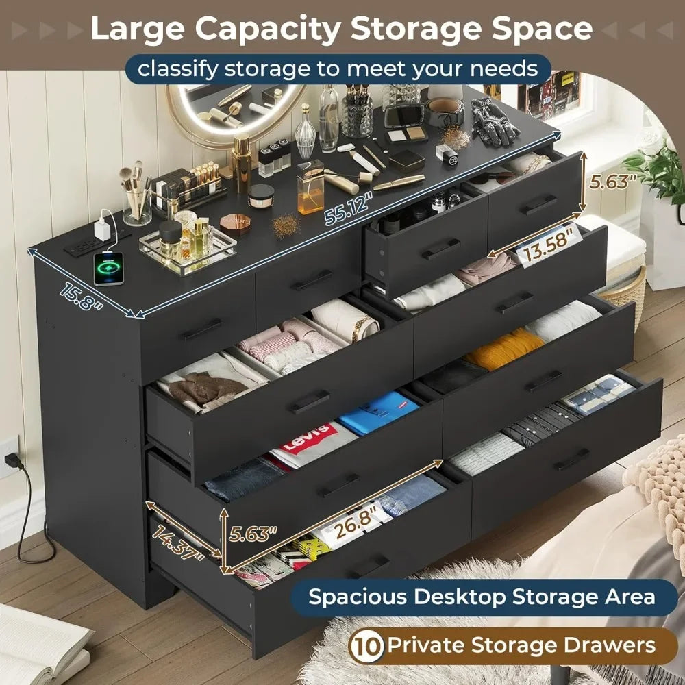 Black Dresser for Bedroom with 10 Drawers, Large Chest of Drawers Storage Organizer, Long Dresser TV Stand with Power Outlets