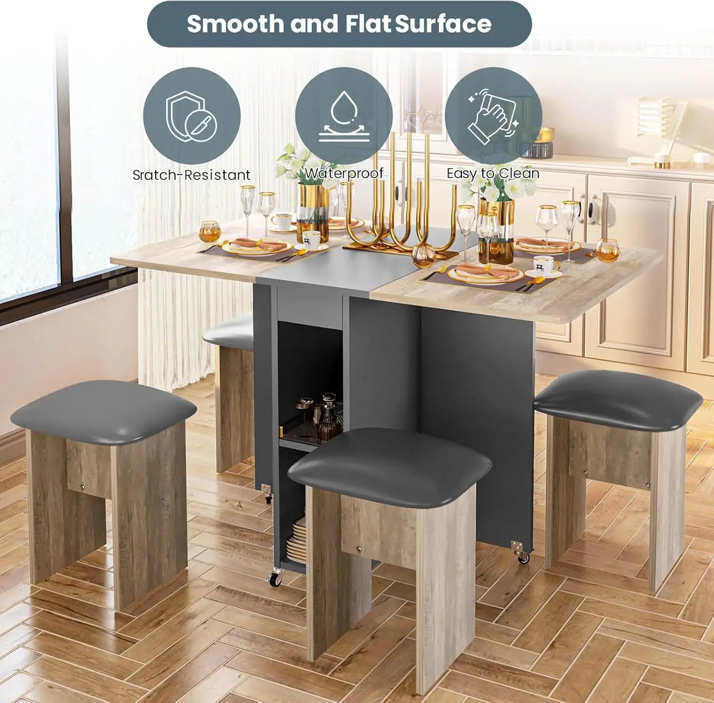 Folding Dining Table Set for 4, Dinner Table with 4 Leather Chairs and Shelves, Space Saving Foldable Dining Table with 6 Wheels