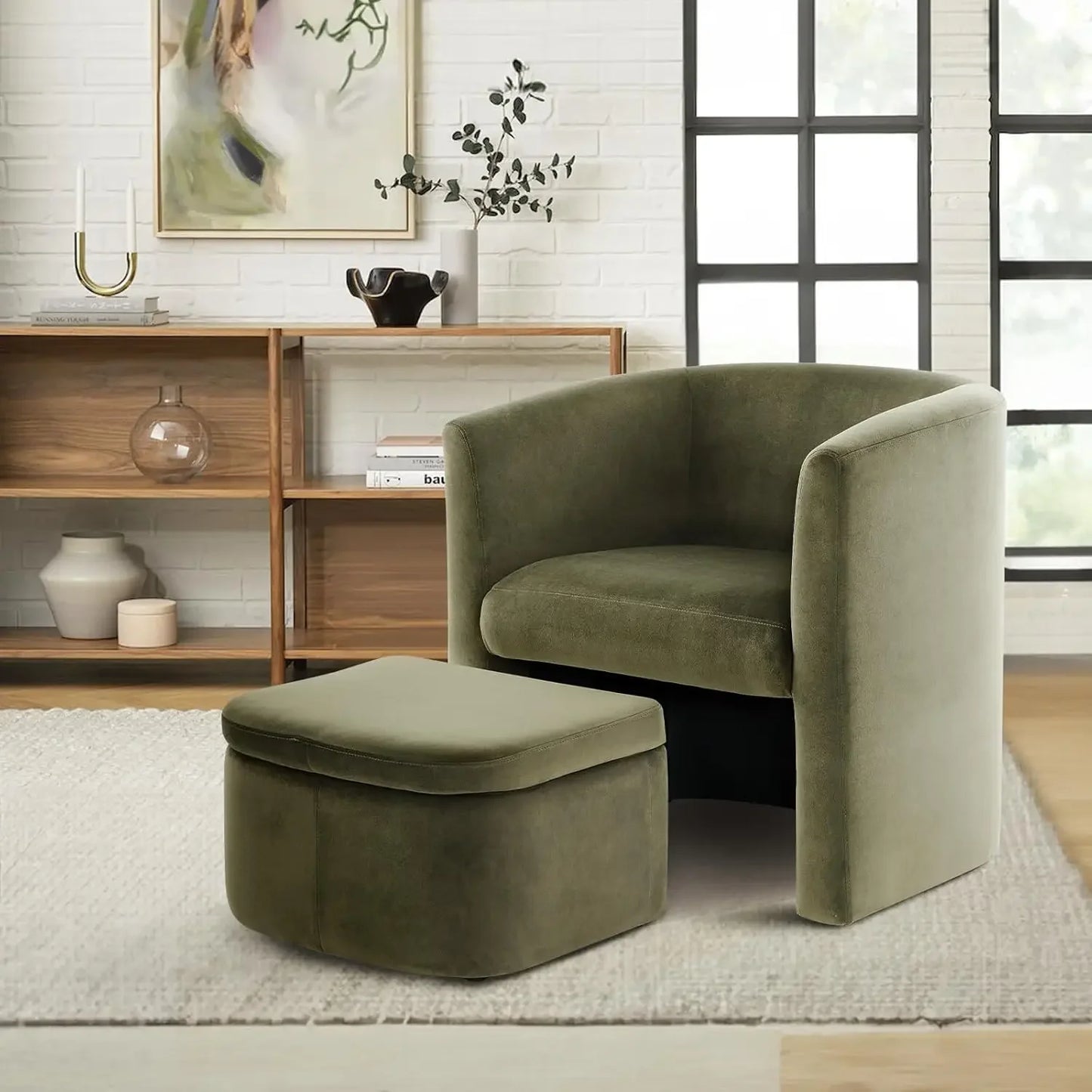 COLAMY Upholstered Sherpa Barrel Accent Chair with Storage Ottoman, Morden Living Room Side Chair, Single Sofa Armchair with Lou