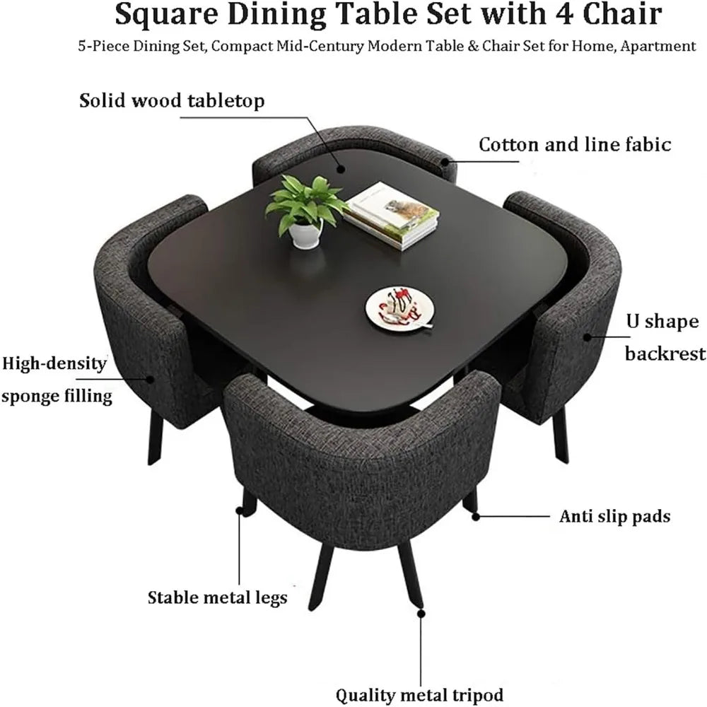 Square Dining Table Set With 4 Chairs - Modern Kitchen and Conference Table Combination for Space-Saving Breakfast, Reception,
