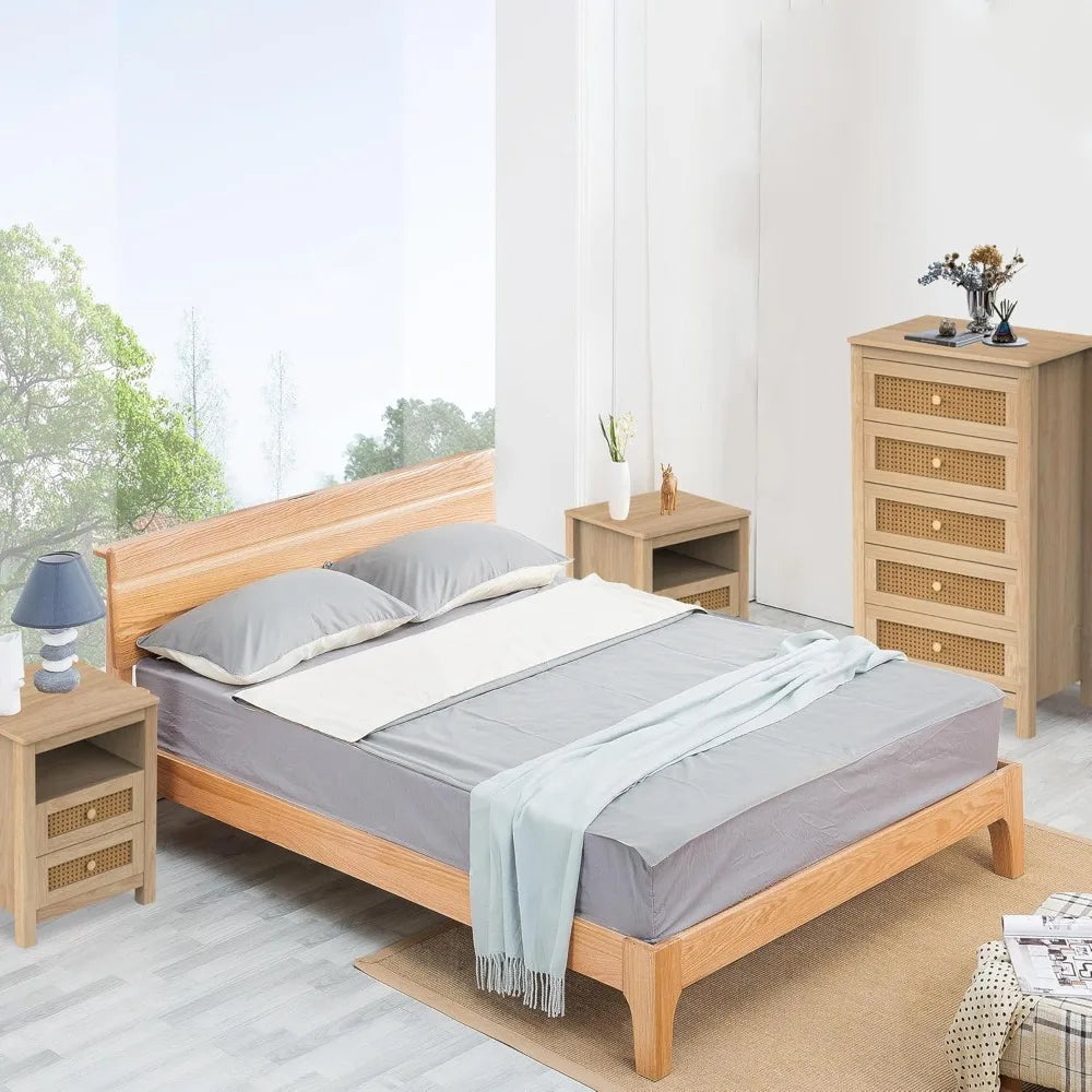 Bedroom 5 Drawer Dresser and Nightstand Sets 3 Piece, Rattan 2 Drawer Nightstand of 2 & Boho 5 Drawer Storage Dresser, 3 Pcs Be