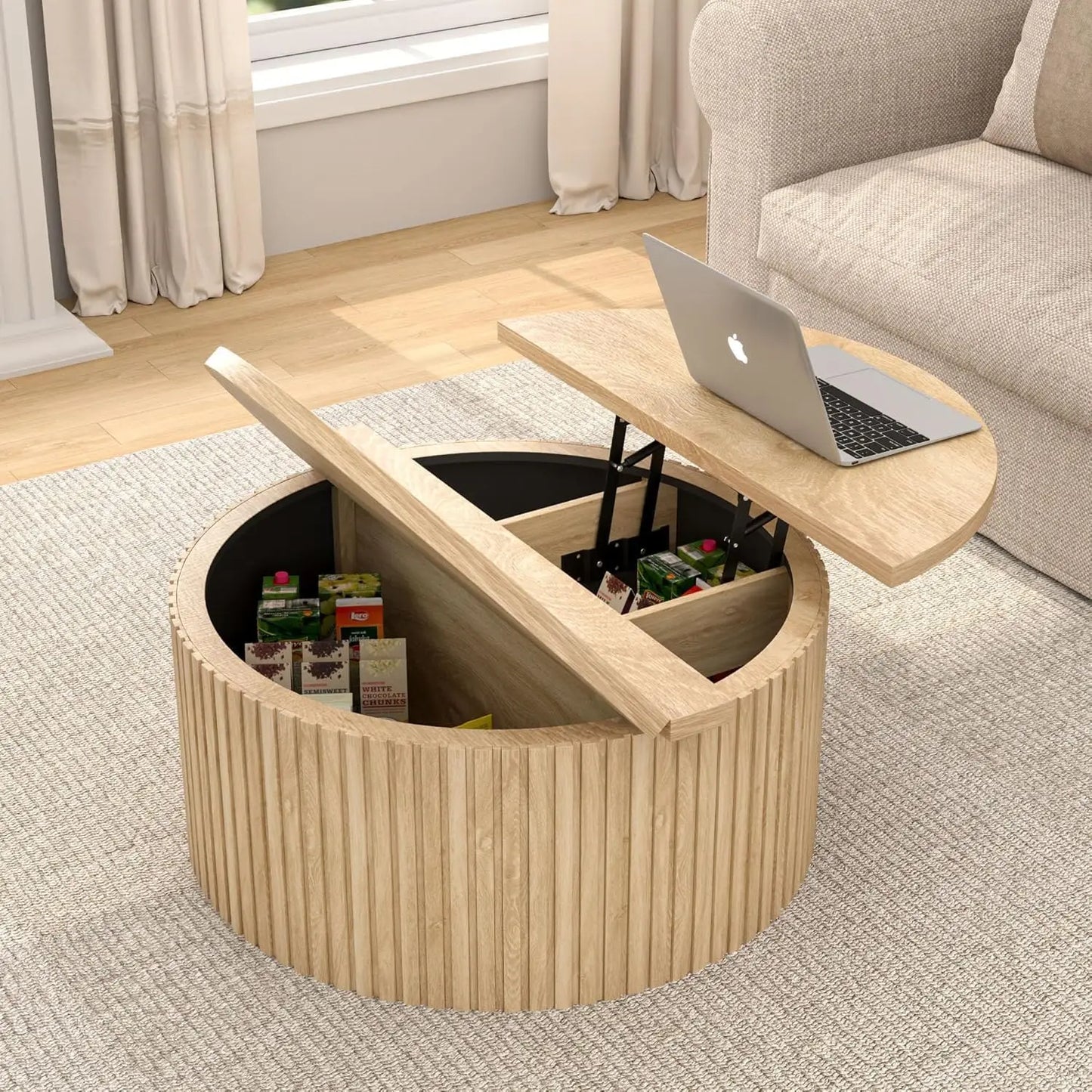 Round Fluted Lift Top Coffee Table with Storage, 34.6'' Farmhouse Round Coffee Tables (Wood Color)