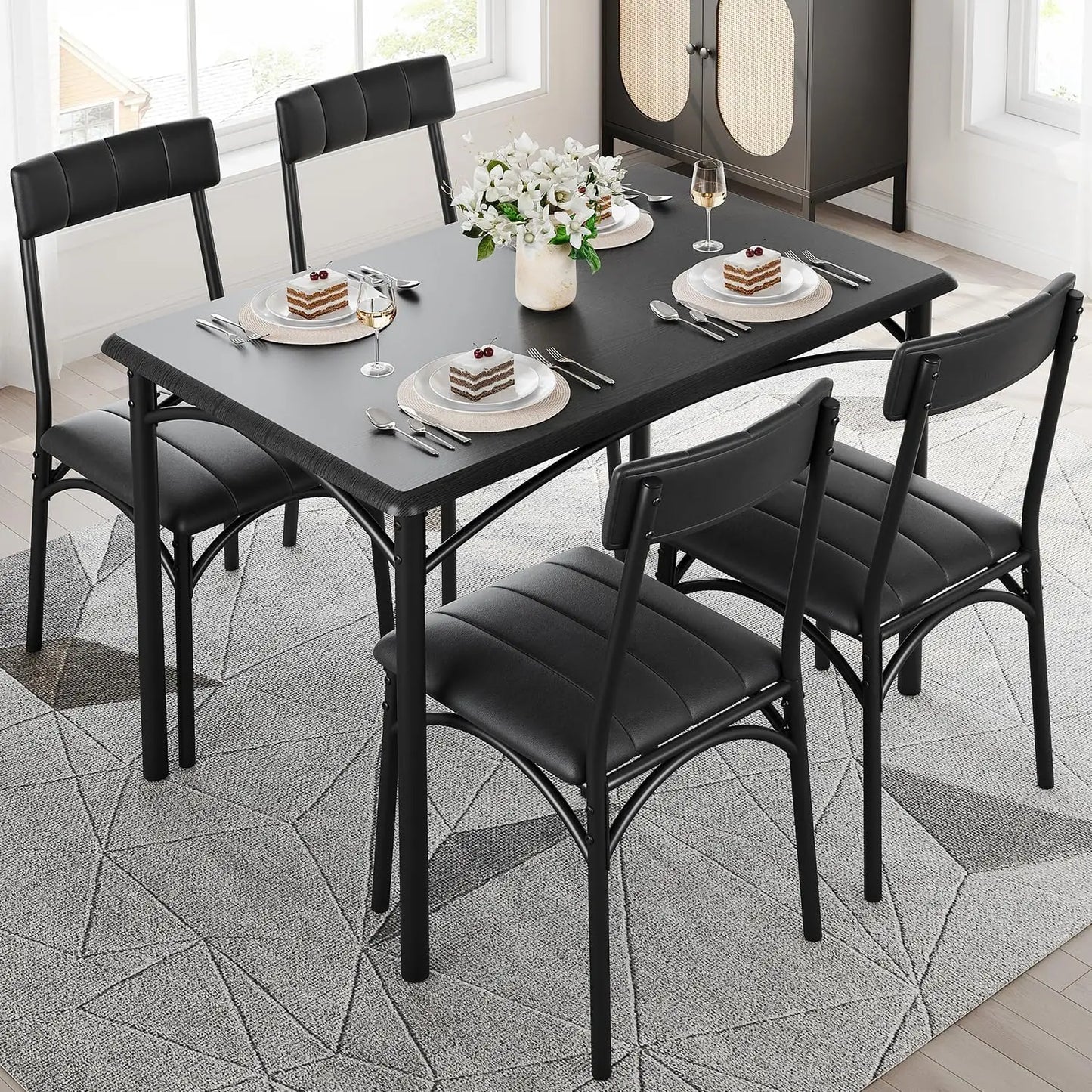 Dining Table Set for 4, Kitchen Table with 4 Upholstered Chairs, 5 Piece Dining Room Table Set, Rectangular Kitchen Set