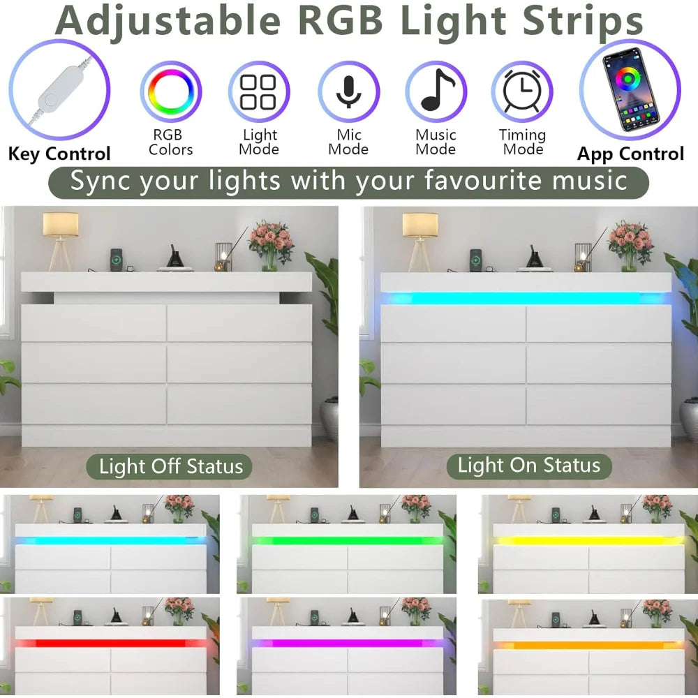 6 Drawer Dresser with Power Outlet, Dresser with LED Light, Chest of Drawers for Closet, Double Wide Drawer Organizer Cabinet