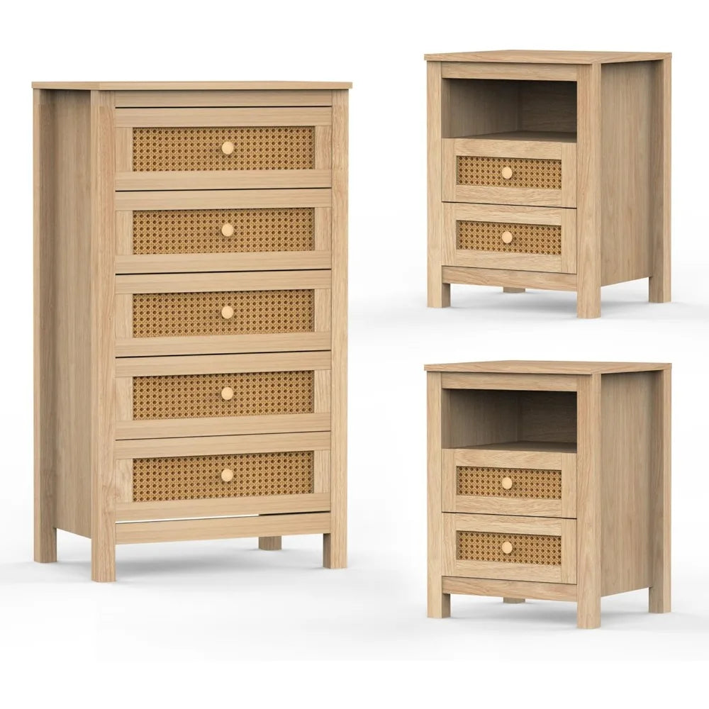 Bedroom 5 Drawer Dresser and Nightstand Sets 3 Piece, Rattan 2 Drawer Nightstand of 2 & Boho 5 Drawer Storage Dresser, 3 Pcs Be