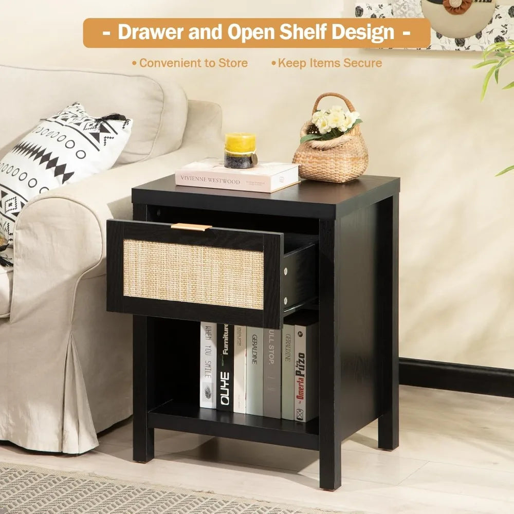 Rattan Night Stands Set of 2, Farmhouse Nightstand Bedside Table with Drawer and Storage Shelf, Boho End Side Table for Bedroom