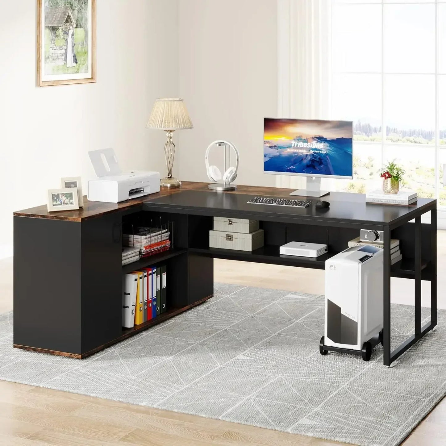 Executive Desk with Cabinet Storage, 71 inch L Shaped Desk, Executive Office Desk with Shelves, Business Brown and Black