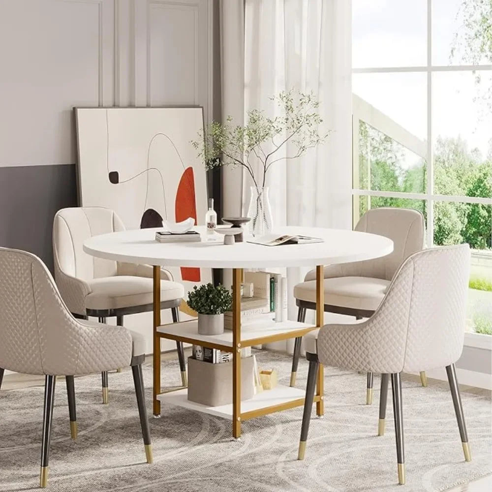 47 Inches Dining Table Kitchen Tables for Dining Room, 4 People Round Dinner Table with Storage Shelves for Room, (Only Table)