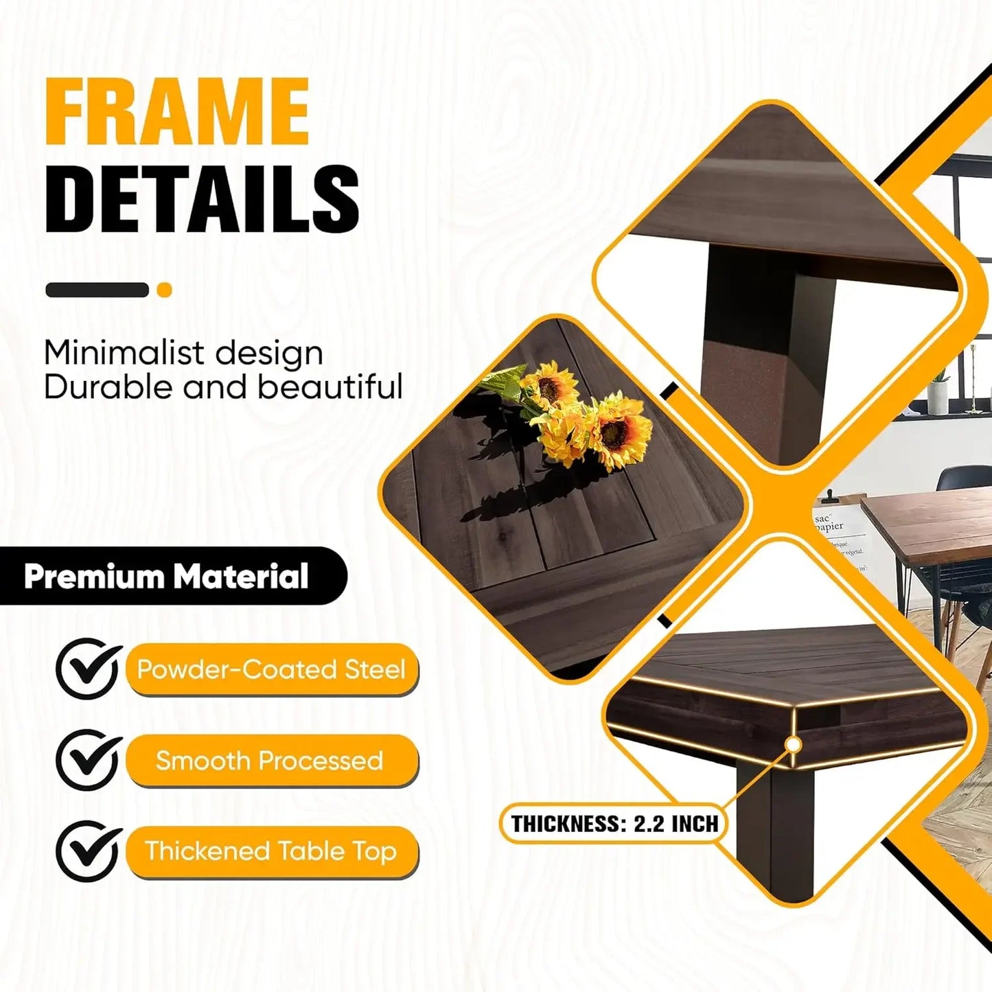 Dining Table for 6 Acacia Wood Indoor Outdoor Home Kitchen Table with Iron Legs Large Rectangular Patio Table for