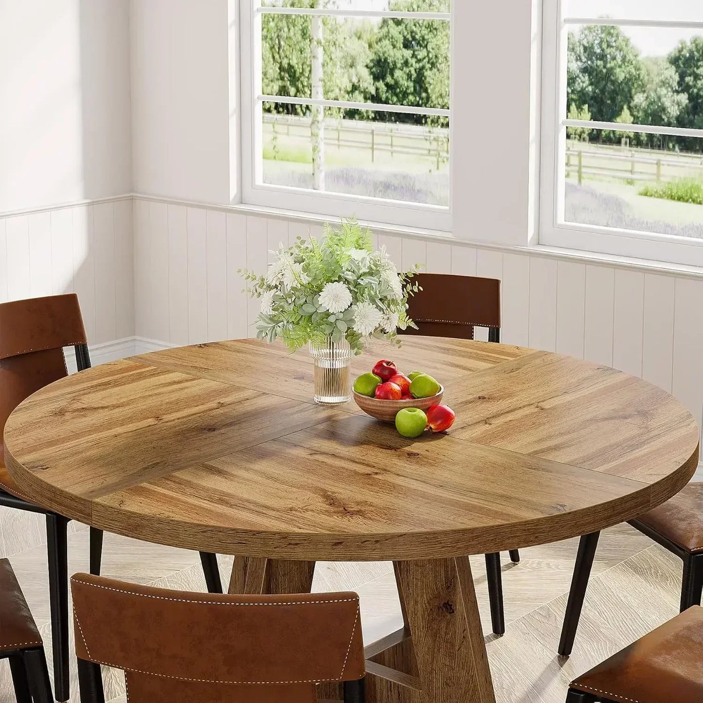 Round Dining Table Wood Kitchen Table for Dining Room Living Room,Farmhouse Dinner Table with Wooden Tabletop , (Only Table)