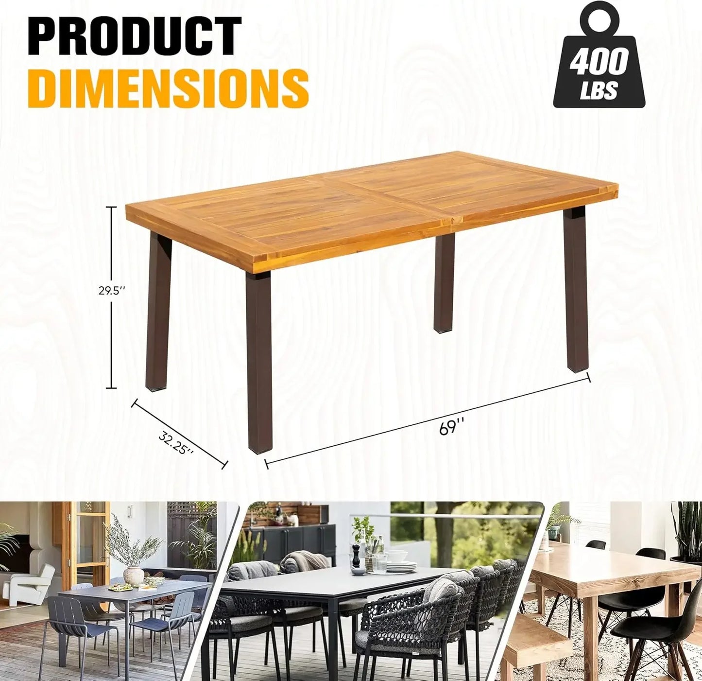 Dining Table for 6 Acacia Wood Indoor Outdoor Home Kitchen Table with Iron Legs Large Rectangular Patio Table for