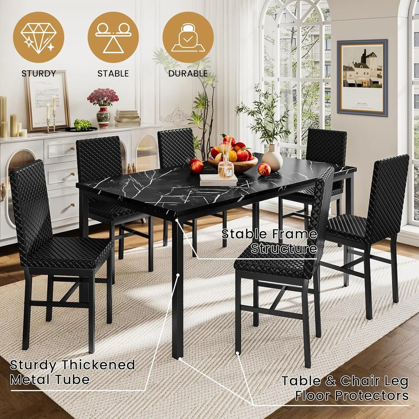 7 Piece Dining Table Set for 6,Large Modern Dinner Table Set for 6 Kitchen Dining Table and PU Leather Chairs Set of 6,Faux