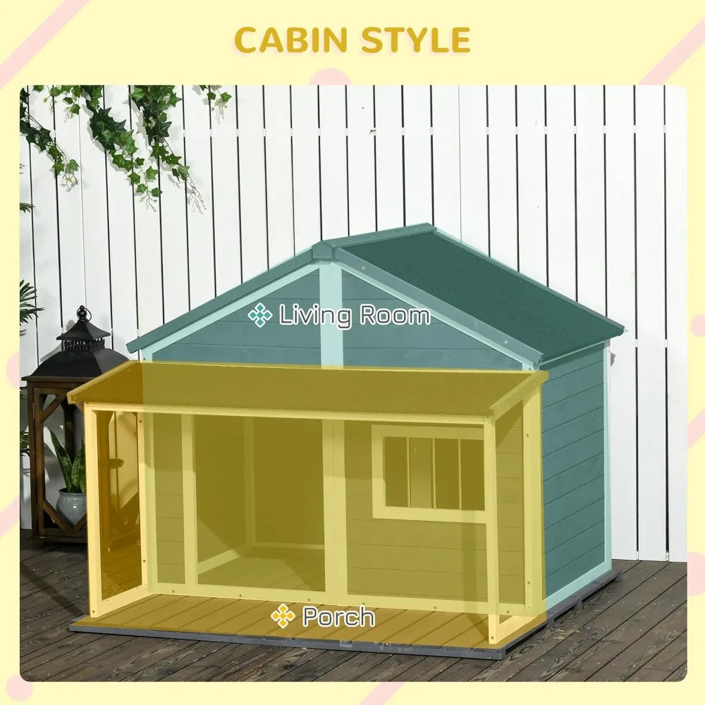 Outdoor Dog House Cabin Style, Wooden Raised Pet Kennel with Asphalt Roof, Front Door, Side Window, Porch for Medium and Large