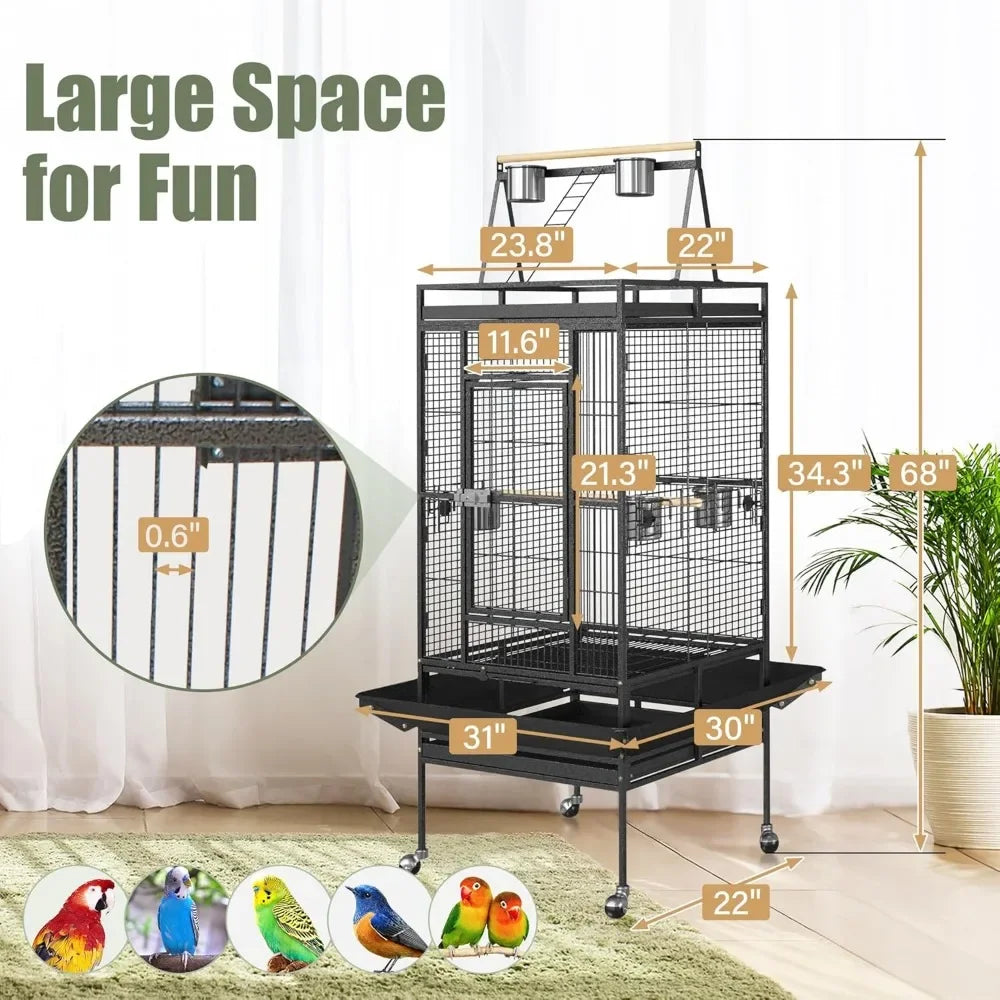 Playtop Parrot Cage, Wrought Iron Bird Cage with Rolling Stand, Heavy-Duty Pet Bird House