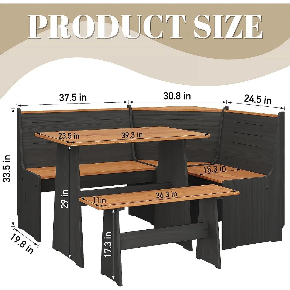 Breakfast Nook Corner Dining Table Kitchen Bench Chair Set, Space-Saving 3-5 People Seat Reversible L-Shape for Family Home Blac