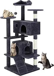 DUMOS 54-inch Indoor Cat Tree Tower –Multi-Level Pet House for Large Cats with 2 Condos, Scratching Posts, Round Platform, Small