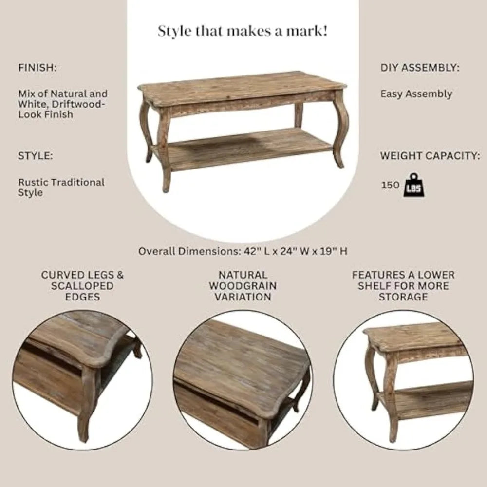 Austerity Reclaimed Wood Coffee Table with Open Shelf, Driftwood Natural Finish, Accent & Occasional Furniture for Living Room,
