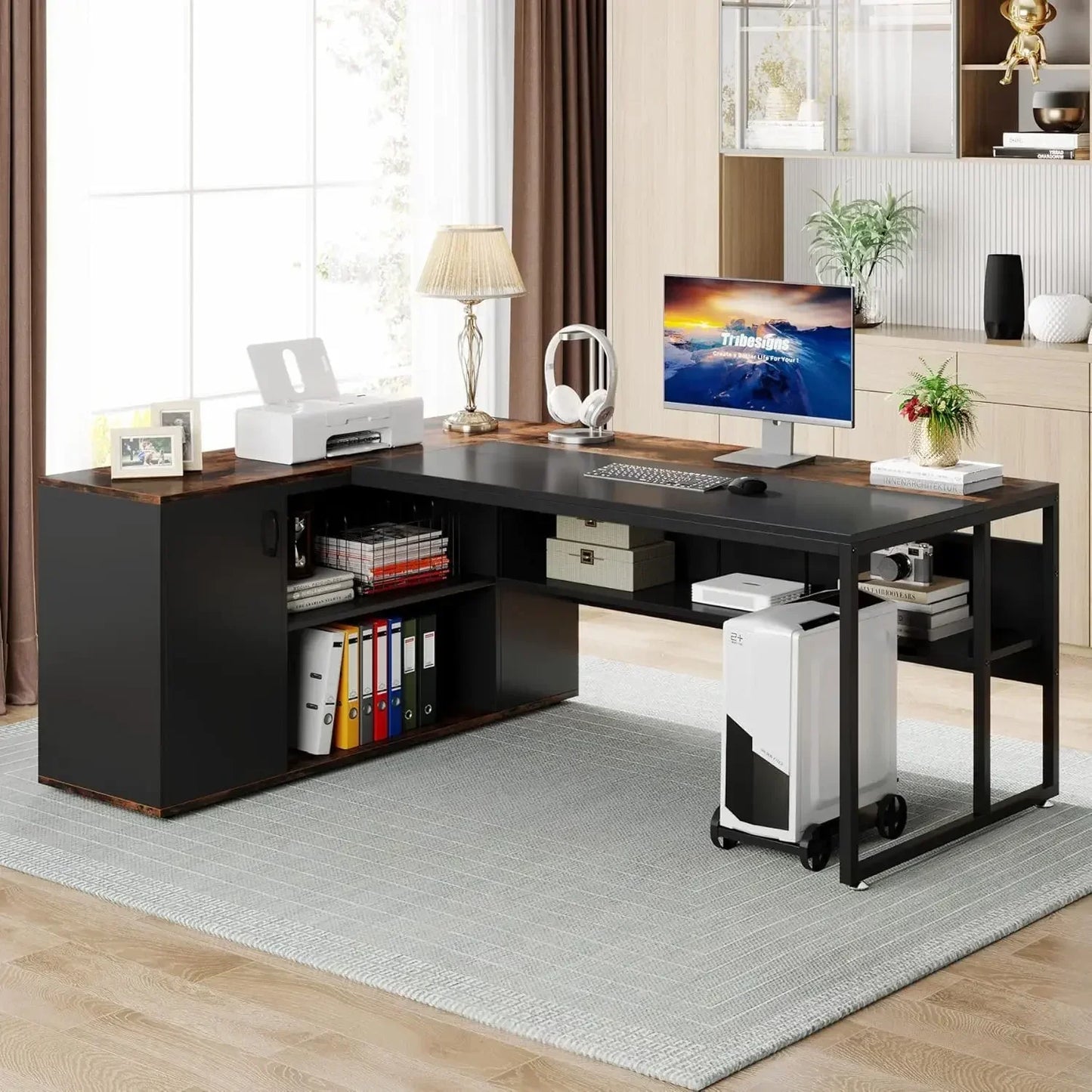 Executive Desk with Cabinet Storage, 71 inch L Shaped Desk, Executive Office Desk with Shelves, Business Brown and Black