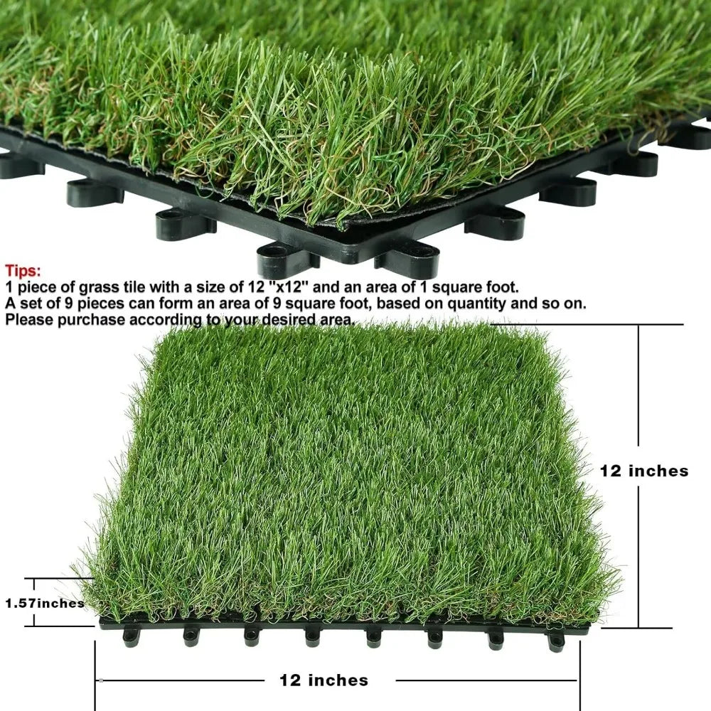Outdoor Artificial Grass Turf Squares 9 Pack, 12"x12" Fake Grass Mat for Balcony Patio Deck Flooring Decor, Pets Dog Pee Pad