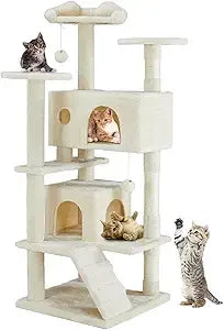 DUMOS 54-inch Indoor Cat Tree Tower –Multi-Level Pet House for Large Cats with 2 Condos, Scratching Posts, Round Platform, Small