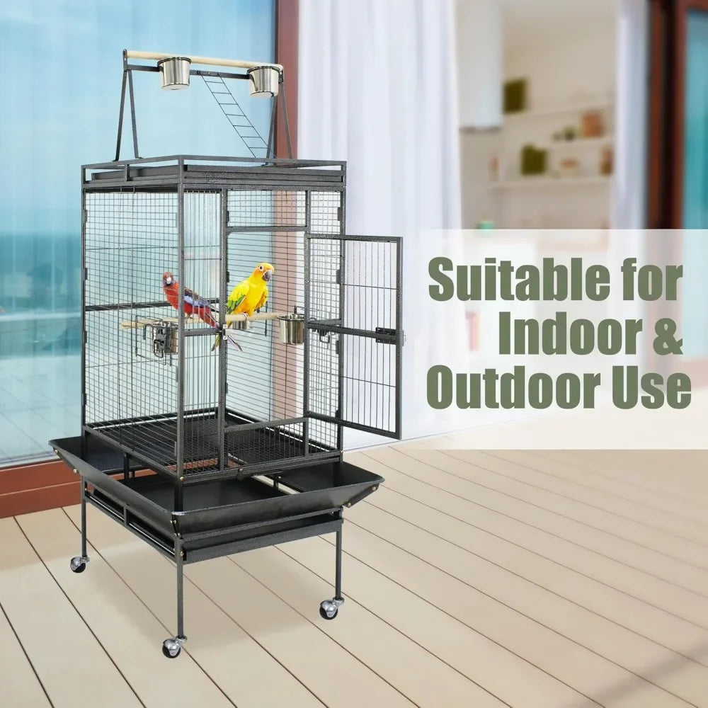 Playtop Parrot Cage, Wrought Iron Bird Cage with Rolling Stand, Heavy-Duty Pet Bird House