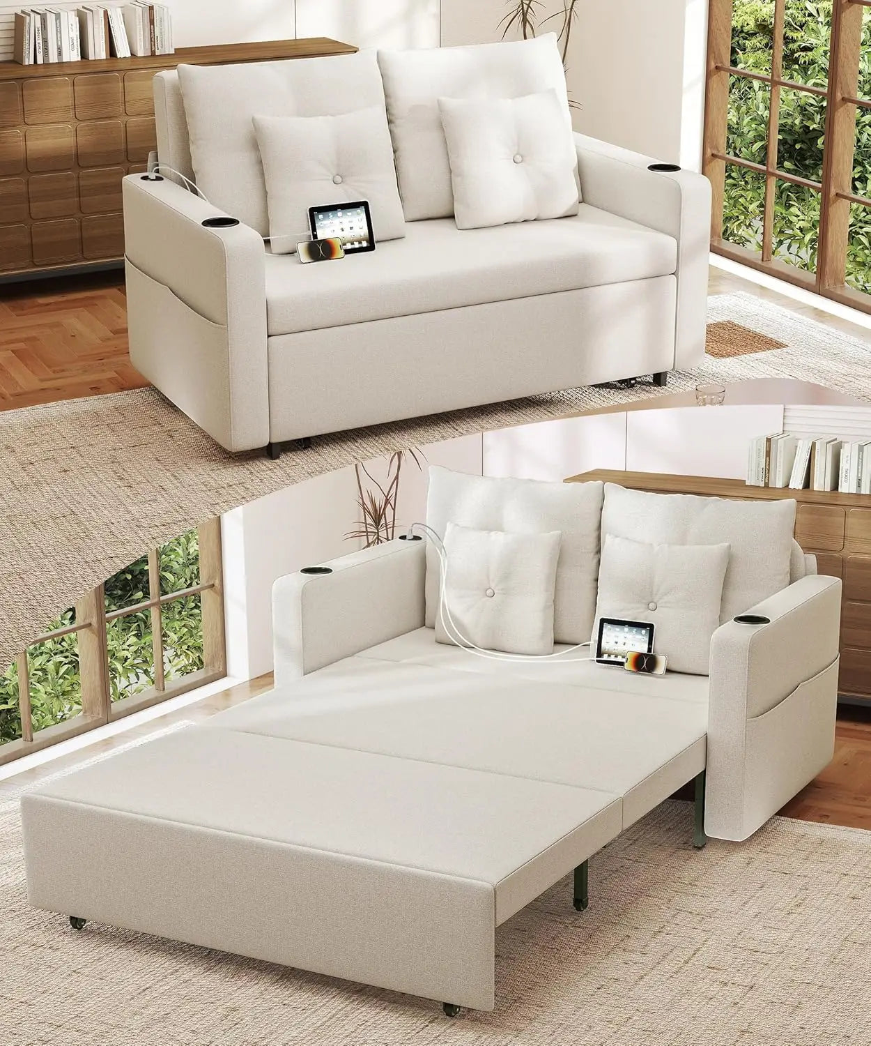3 in 1 Sofa Bed, 56 Inch Convertible Pull Out Couch, Loveseat Sleeper Sofa with Cup Holders, USB, Sofa Couches for Living Room