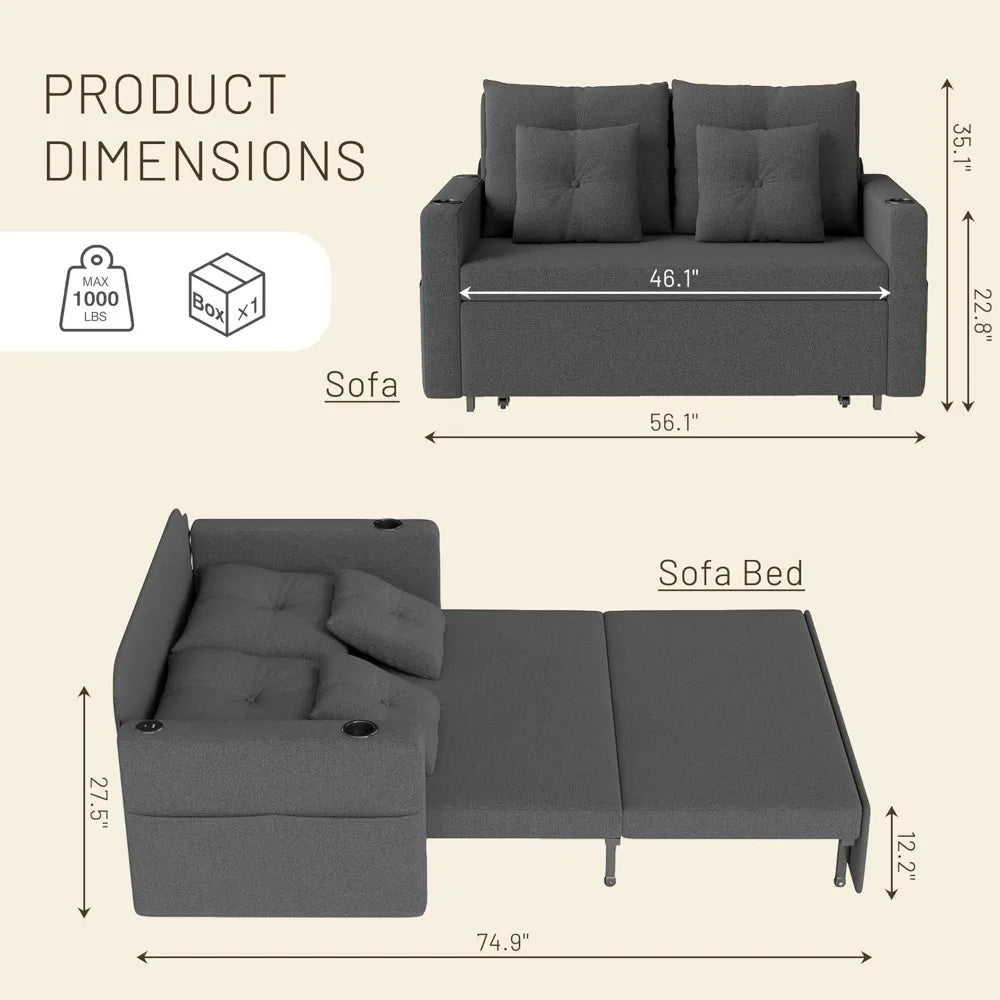 3 in 1 Sofa Bed, 56 Inch Convertible Pull Out Couch, Loveseat Sleeper Sofa with Cup Holders, USB, Sofa Couches for Living Room