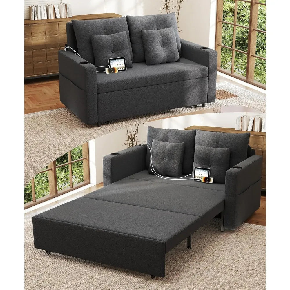 3 in 1 Sofa Bed, 56 Inch Convertible Pull Out Couch, Loveseat Sleeper Sofa with Cup Holders, USB, Sofa Couches for Living Room
