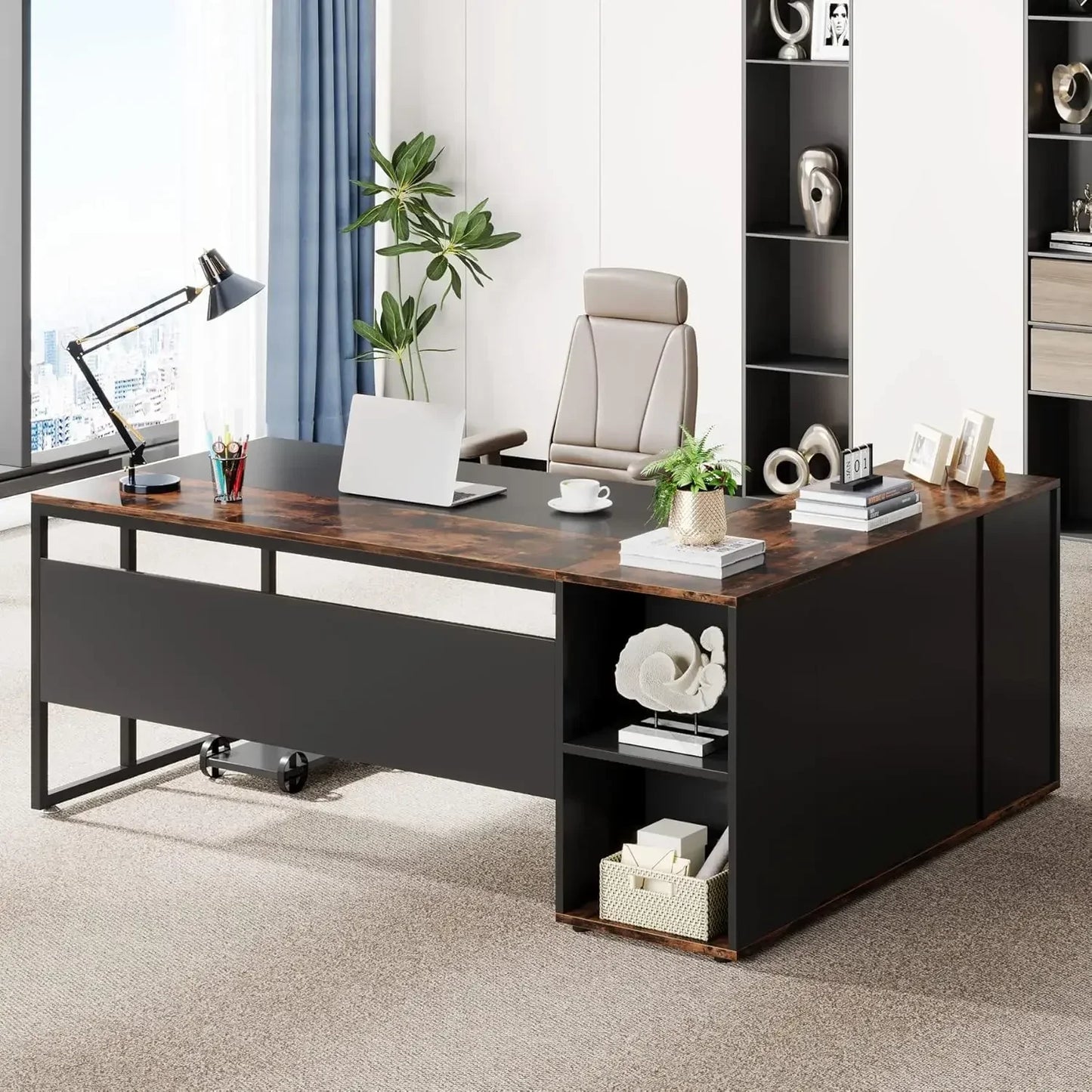 Executive Desk with Cabinet Storage, 71 inch L Shaped Desk, Executive Office Desk with Shelves, Business Brown and Black