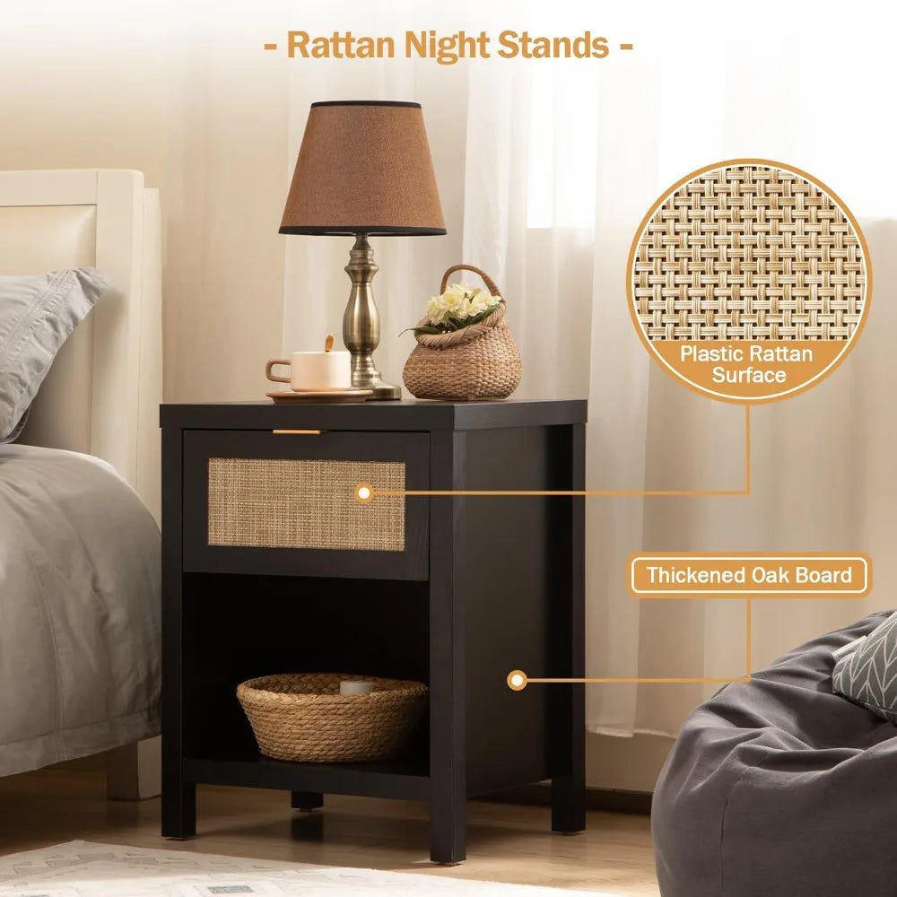 Rattan Night Stands Set of 2, Farmhouse Nightstand Bedside Table with Drawer and Storage Shelf, Boho End Side Table for Bedroom
