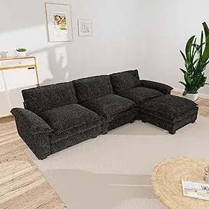 3 Seat Sectional Sofa, Couch with Movable Ottoman, Chenille Modular Sofa with Removable Pillows and Layer Cushions, Suitable fo