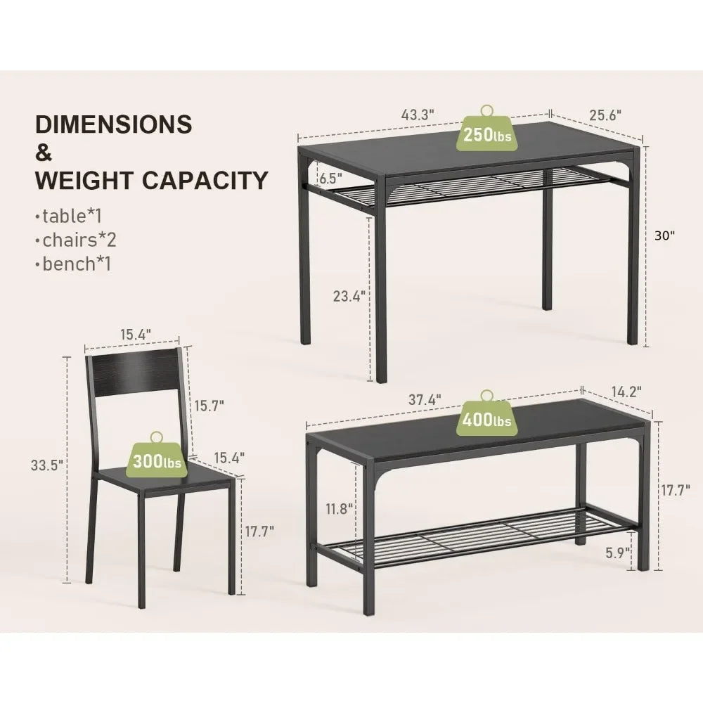 Kitchen Table and 2 Chairs for 4 with Bench, 4 Piece Dining Table Set for Small Space, Apartment