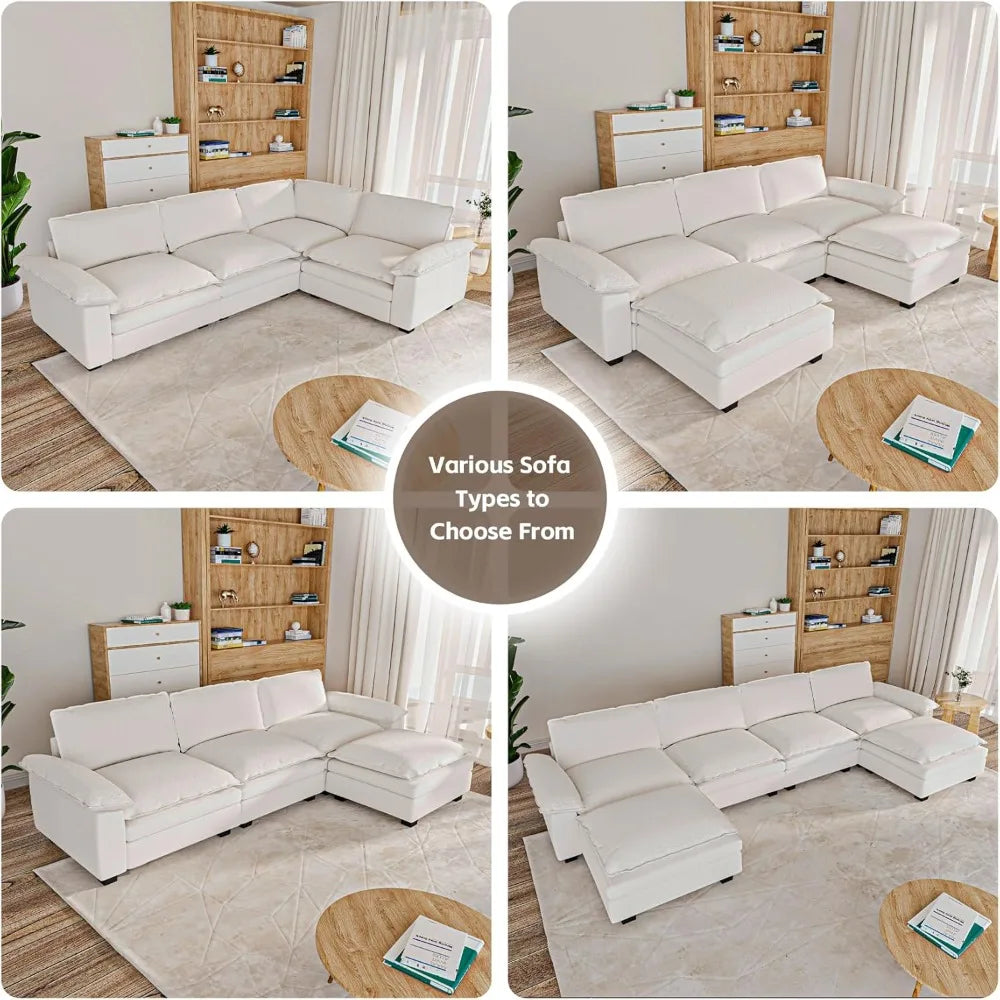 3 Seat Sectional Sofa, Couch with Movable Ottoman, Chenille Modular Sofa with Removable Pillows and Layer Cushions, Suitable fo