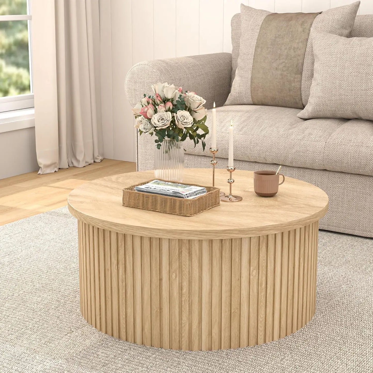 Round Fluted Lift Top Coffee Table with Storage, 34.6'' Farmhouse Round Coffee Tables (Wood Color)