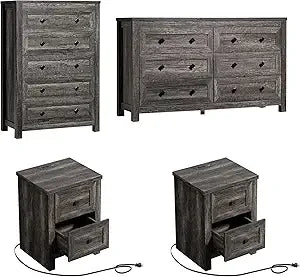 Farmhouse Bedroom Furniture 4 Pieces, 1 X Wood Rustic 6 Drawer Storage Dresser, 1 X 5 Drawer Dresser, Nightstand Set of 2 with C