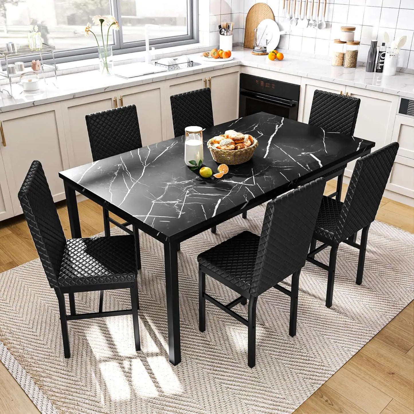 7 Piece Dining Table Set for 6,Large Modern Dinner Table Set for 6 Kitchen Dining Table and PU Leather Chairs Set of 6,Faux