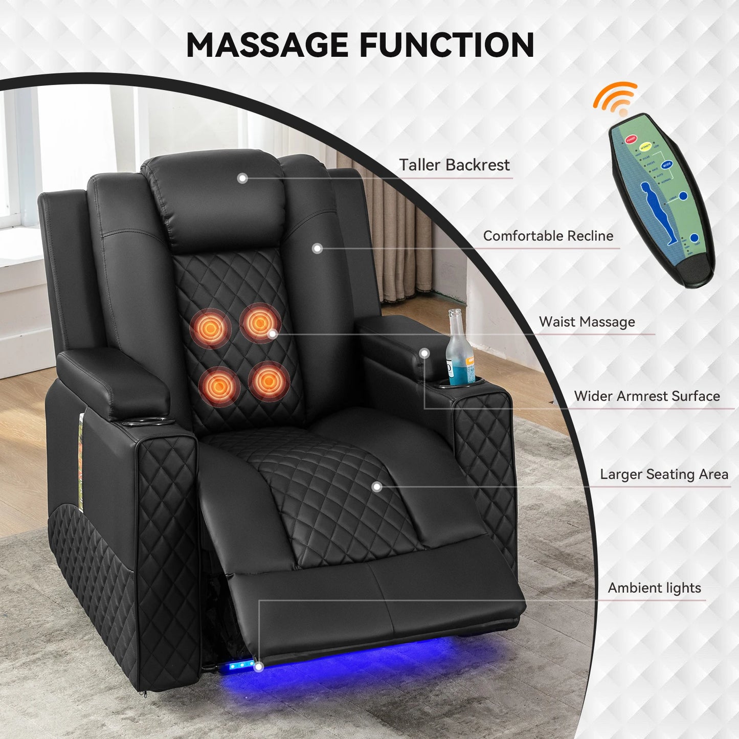 Comhoma Power Recliner Chair Pu Leather Electric Massage Recliner Sofawith Cup Holders and Led Lighting