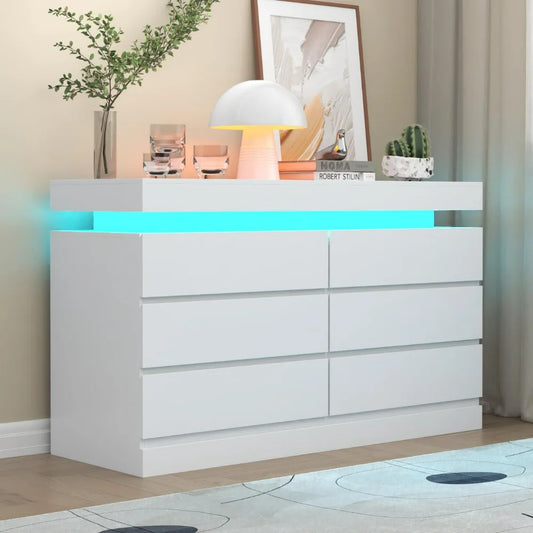 6 Drawer Dresser with Power Outlet, Dresser with LED Light, Chest of Drawers for Closet, Double Wide Drawer Organizer Cabinet