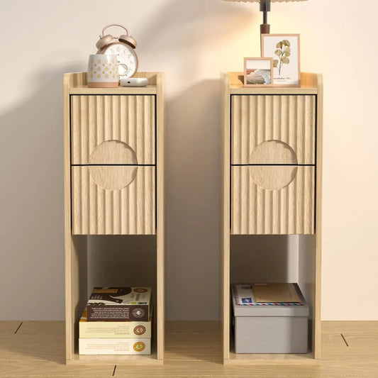 Small Fluted Nightstand Set of 2, Wood 2 Drawer , Slim Side Table, Natural Wood Night Stand with Drawers for Bedroom