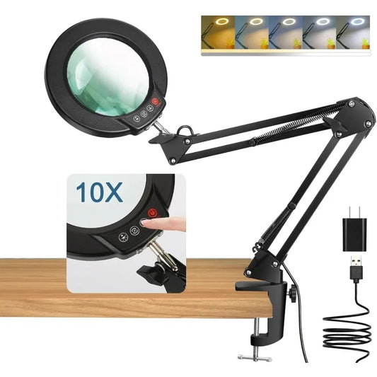 10X Magnifying Glass with Light and Clamp, Real Glass Stand Lighted Magnifier, 5 Color Modes Stepless Dimmable LED Desk Lamp Han